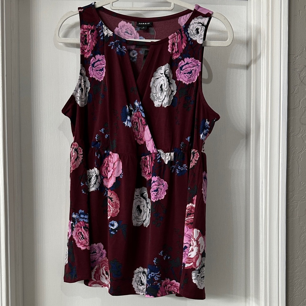 torrid Burgundy Floral Sleeveless Faux-Wrap Top with Pink & White Roses